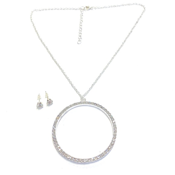 Circle Of Life Necklace Earrings Set Silver Tone Clear Sparkling Rhinestone - Picture 6 of 6